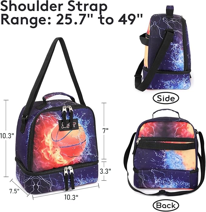 Tilami Lunch Bags Insulated Adjustable Strap Zipper, Water-Resistant Cooler Bags, Bento Bags for Kids Toddlers, Basketball