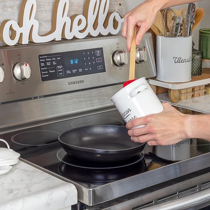 AuldHome Design Grease Container, White Enamelware Bacon Grease Can w/Strainer, Farmhouse Style, Keto-Friendly