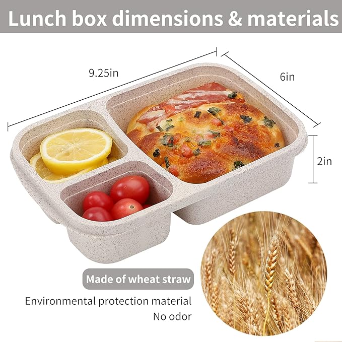 8 Pack Bento Lunch Box Set 3 Compartment Wheat Straw Meal Prep Food Storage Containers Plastic, Microwave and Dishwasher Safe(light colour)