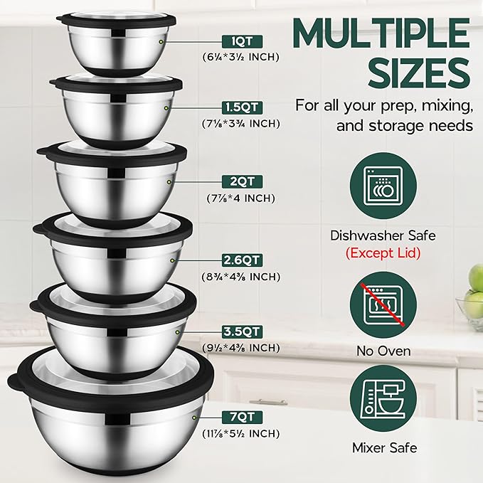 Mixing Bowls with Lids Set of 6 for Kitchen Stainless Steel Metal Nesting Bowls with Non-Slip Bottom Black - Size 1, 1.5, 2, 2.6, 3.5, 7QT
