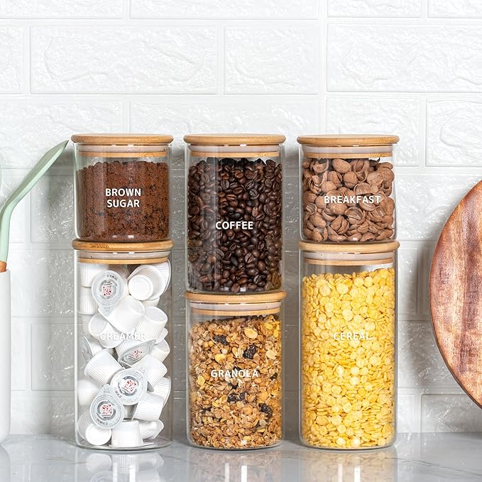 Laramaid Glass Jar Set (2x22oz/2x35oz/2x45oz) Set of 6 with 160 Minimalist Pantry Labels, Round Canister Jars with Bamboo Lids and Transparent Customized Sticker Labels, Food Storage Containers