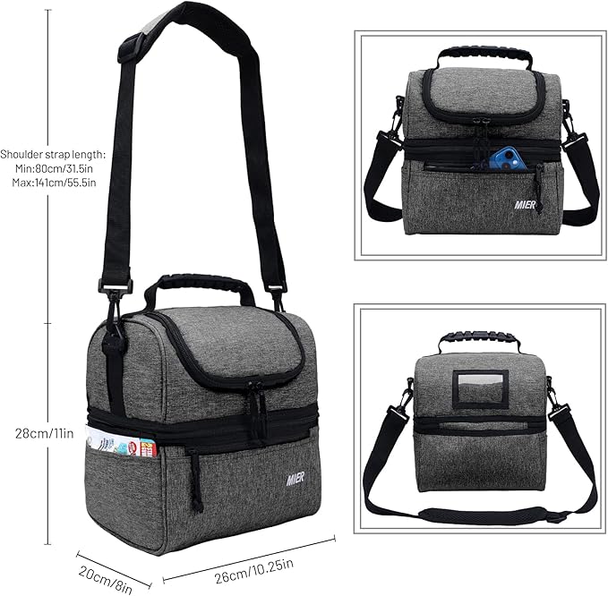 MIER Adult Lunch Box Insulated Lunch Bag Large Cooler Tote Bag for Men, Women, Double Deck Cooler (Grey, Large)