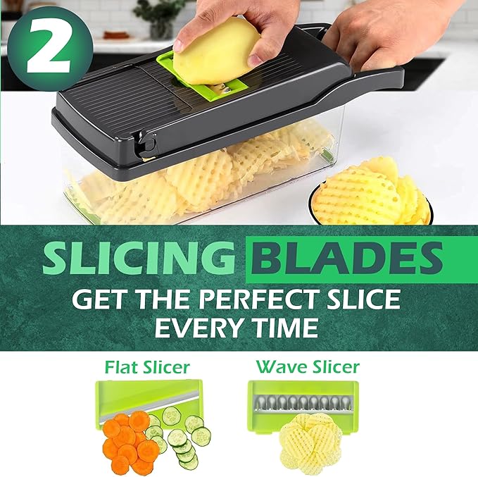 26-in-1 - Heavy Duty Vegetable Chopper with Container - Stainless Steel Blades - Slicer, Chopper, Spiral & Dicer for Veggies With Hand Guard, Cut Resistant Gloves & Cleaning Brushes - Green
