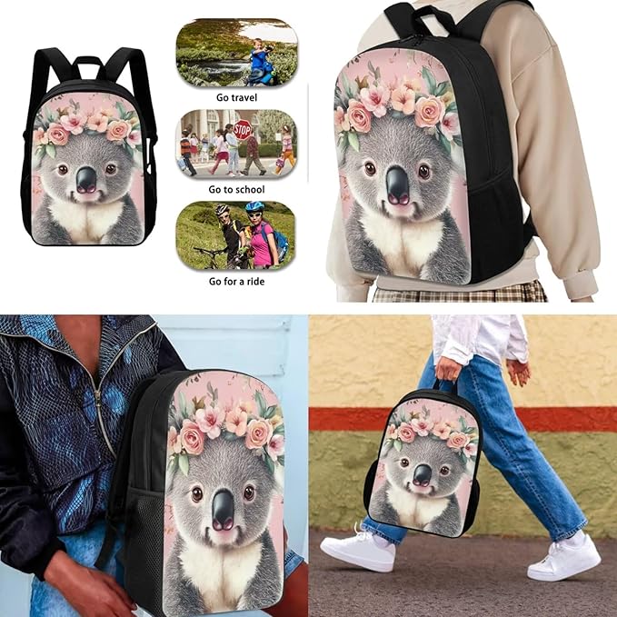 Dolyues Pink Flower Koala Girls 3-Piece Set: 17 Inch Laptop-Compatible Backpack, Leak-Proof Lunch Bag & Pencil Pouch - Extra Padding & Anti-Lost