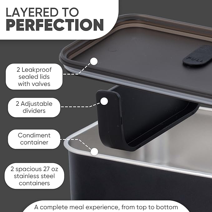 Premium Stainless Steel Bento Box Adult Lunch Box with Compartments for Women & Men|leak proof| Microwavable| Stackable Japanese Bento Lunchbox| Metal Lunch box|Lunch Containers |47 Oz|Black