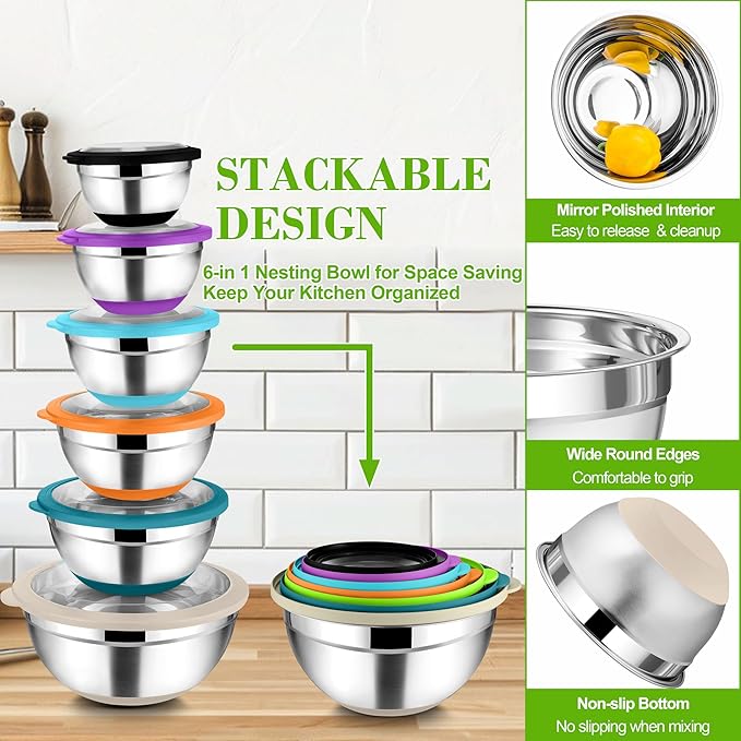 TeamFar Mixing Bowls with Lids, 4.6/3.5/2/1.5/1/0.7 QT Stainless Steel Nesting Salad Bowls with Airtight Lids, For Mixing Serving, Non-Toxic & Sturdy, Non-Slip & Visible, Multi-Color, Set of 6