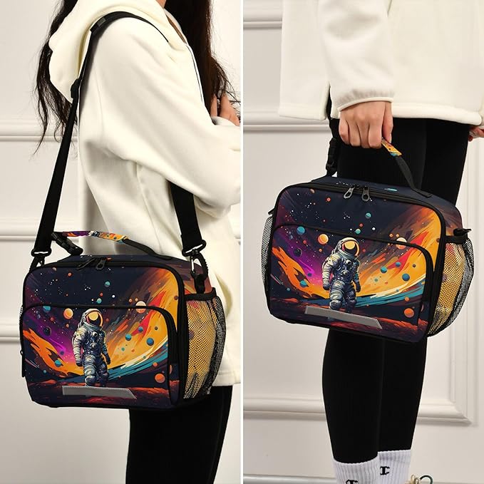 MNSRUU Student Lunch Bag Astronaut Starry Sky Insulated DinnerTotes Picnic Bag Lunch Box with Adjustable Shoulder Strap for Teen Kids Adults