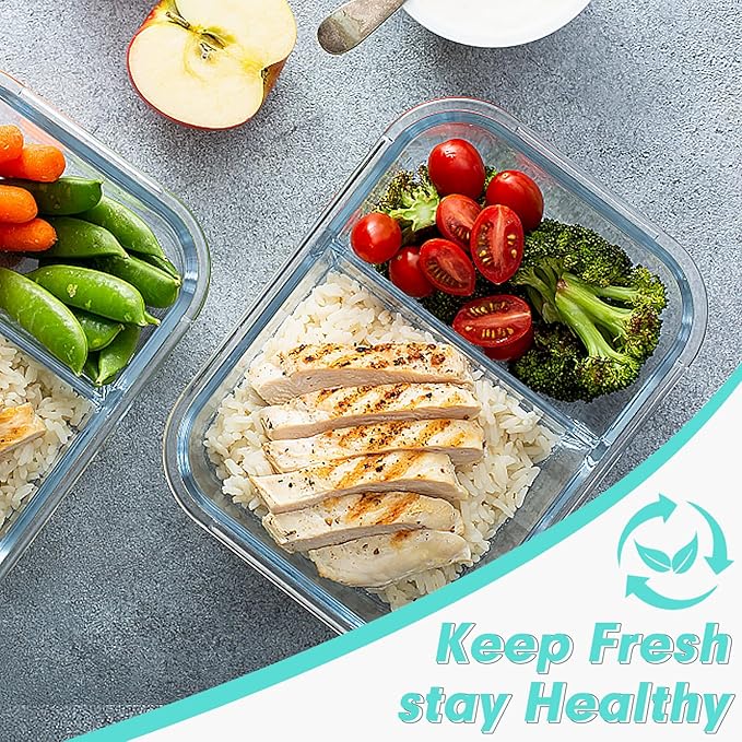 VERONES 10 Pack Glass Meal Prep Containers 2 Compartment Set, 30 OZ Airtight Glass Lunch Containers, Glass Food Storage Containers with Lids, for Microwave, Oven, Freezer & Dishwasher Friendly,Green