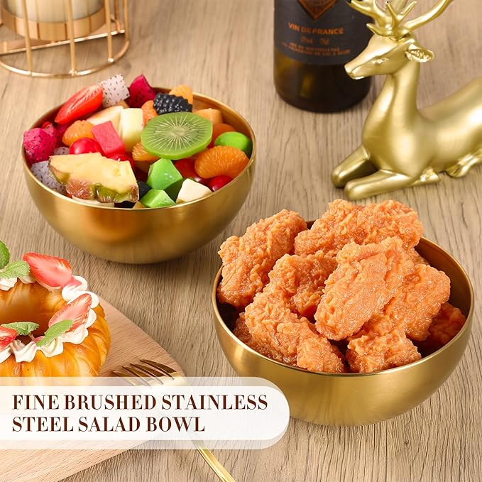 Nuogo 6 Pack Stainless Steel Gold Mixing Bowls Gold Esthetician Bowls for Wedding Party Facial Cereal Rice Noddle Snack Fruit Cereal Snack Appetizer Cooking Baking Serving(5.9 Inches)