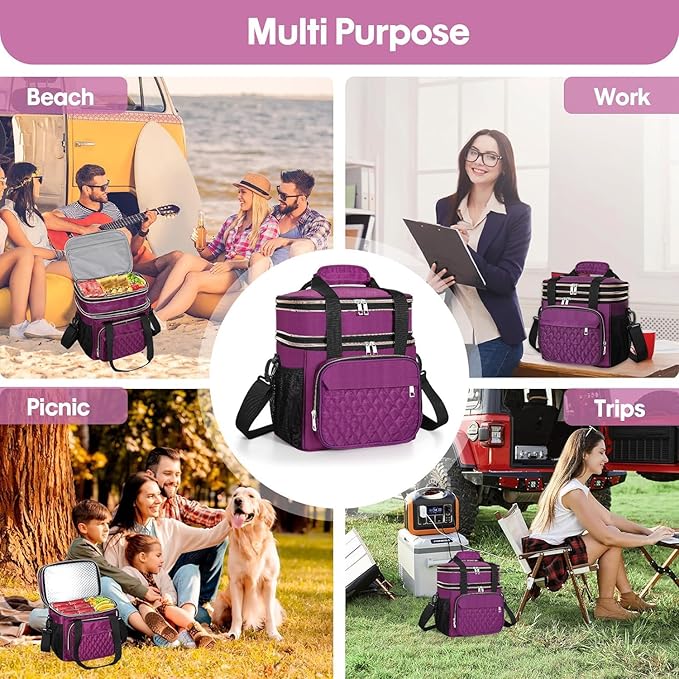 GLENKEY Expandable Insulated Lunch Box, Double Deck Lightweight Large Lunch Bag Tote Leakproof Cooler Bags for Women Adults Work Outdoor Picnic Daytrip, Purple,16L
