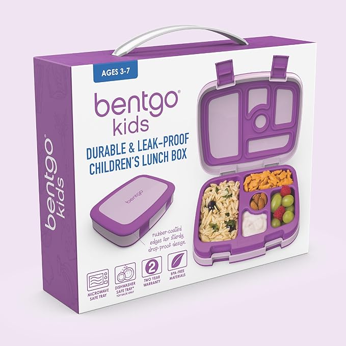 Bentgo Kids Bento-Style 5-Compartment Leak-Proof Lunch Box - Ideal Portion Sizes for Ages 3 to 7 - Durable, Drop-Proof, Dishwasher Safe, BPA-Free, & Made with Food-Safe Materials (Purple)