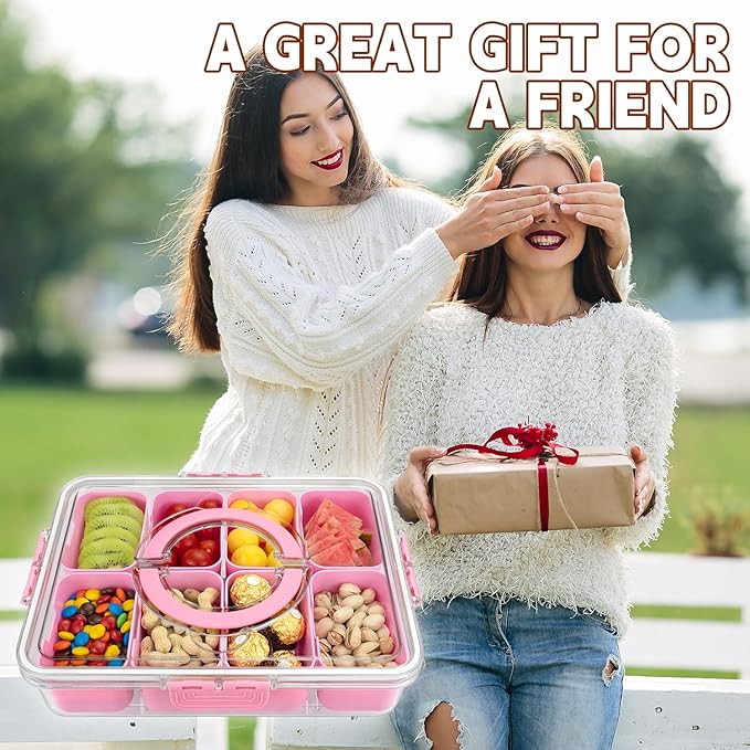 Divided Serving Tray with Lid and Handle,8 Compartments Snacks Box,Snack Fruit Tray,Veggie Tray,Portable Platter for Candy Fruits Nuts Snack Party Entertaining Picnic (2PCS Pink)