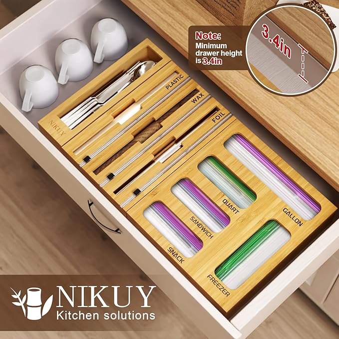 9 IN 1 Bamboo Foil and Plastic Wrap Organizer for Kitchen Drawer, Plastic Bag Organizer Organization and Storage, Food Storage Bag Organizer with Labels for Quart Gallon Snack Sandwich Bag