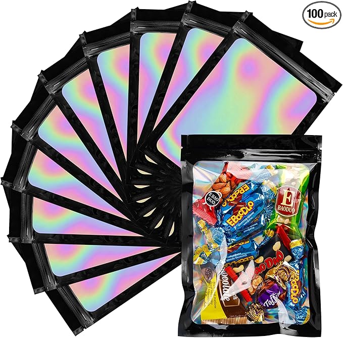 100 Pcs Black Holographic Mylar Bags with Window Smell Proof for Food Storage and Small Business(5.5×8Inch)