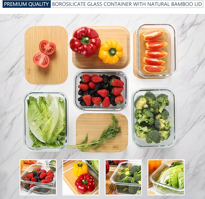 DE Glass Food Storage Containers with Bamboo Lids (Pack of 4) Eco Friendly Glass Meal Prep Containers Reusable BPA Free Bento Lunch Box Airtight Plastic Free Glass Container with Lid