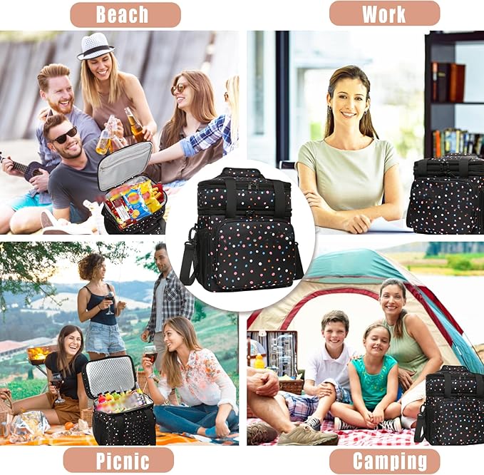 GLENKEY Expandable Insulated Lunch Box, Double Deck Lightweight Large Lunch Bag Tote Leakproof Cooler Bags for Women Adults Work Outdoor Picnic Daytrip, Polka Dots, 16L
