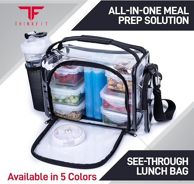 ThinkFit Clear Lunch Bag with 6 Meal Prep Containers - BPA-Free, Reusable, Microwave + Freezer Safe - With Shaker Cup and more! Clear Lunch Box - Transparent Bag for Work