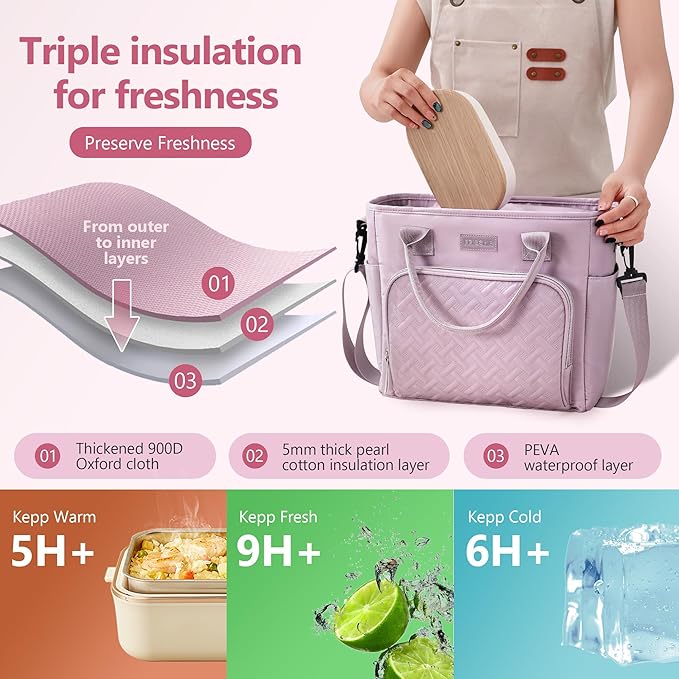 17L Insulated Lunch Bag for Women, LeakProof Insulated Work Lunch Box with Adjustable Shoulder Strap, Large Lunch Cooler Tote for Office, Commute & Travel (Charcoal Black)