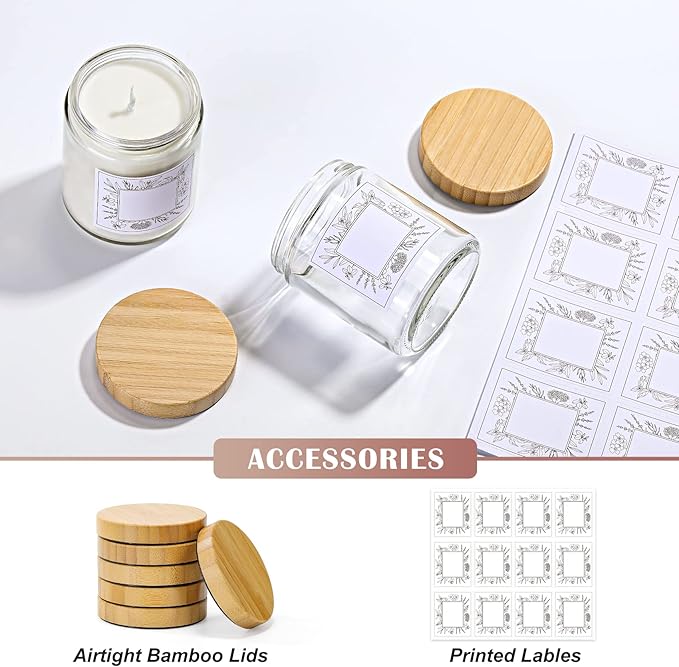 VITEVER 12 Pack Thick Glass Candle Jars with Bamboo Lids - 8 OZ, Bulk Clear Round Glass Candle Jars for Making Candles, Empty Food Storage Containers, Canning Jars for Spice, Powder, Liquid