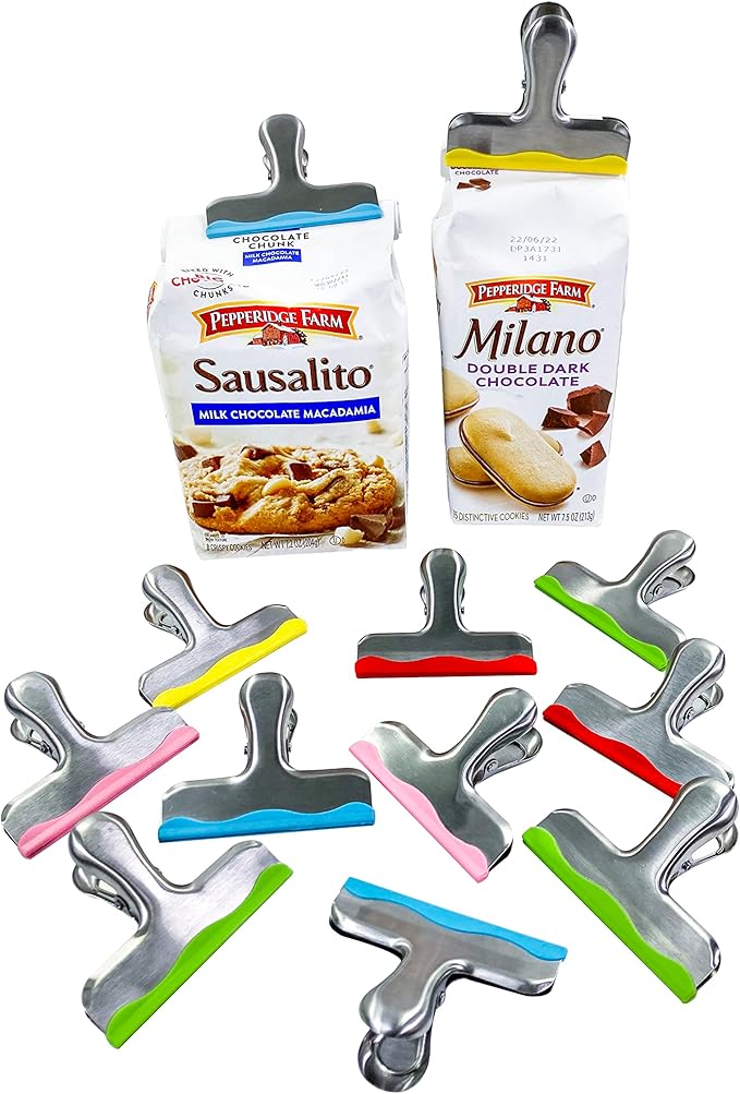 12 Pack Metal Chip Clips with Silicone Edges – Heavy Duty Bag Clips for Food Packages, Kitchen, Office – Color Coded, Air Tight Extra Strong Clamps, 3 Inches Wide (12)