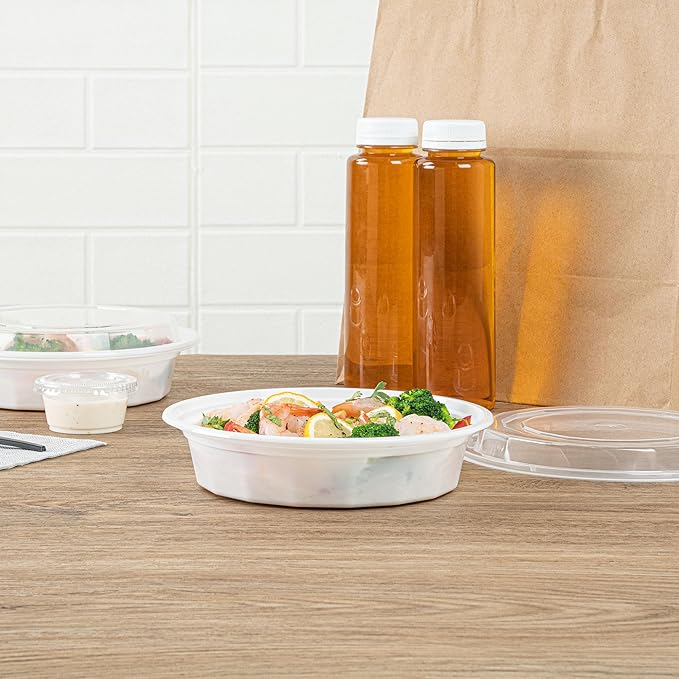 Restaurantware Asporto 24 Ounce To Go Boxes 100 Microwavable Take Out Food Containers - Clear Plastic Lids Included Do Not Contain BPA White Plastic Catering Food Containers Disposable Round
