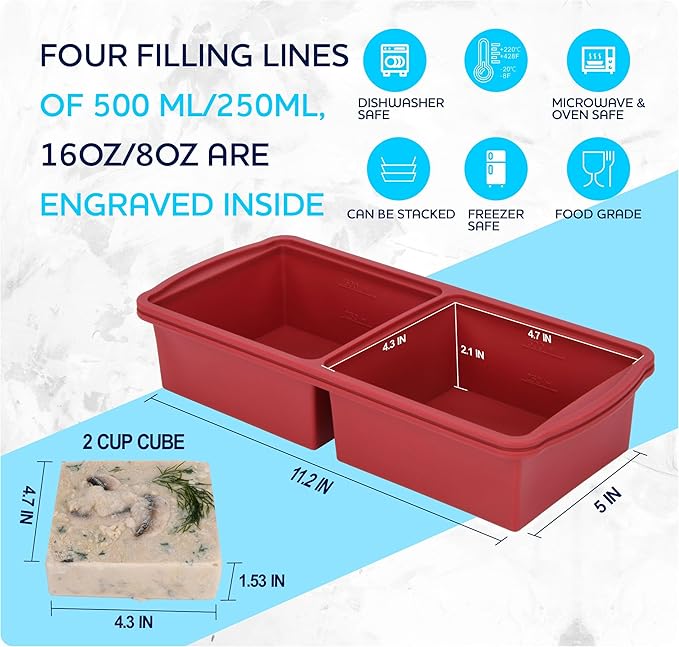Silicone Freezer Trays with Lid,2-cup Soup Freezer Container large Ice Cube Molds with Reinforced Steel Ring Top for freezing Soup Sauce Broth Leftovers oven Dishwasher -Safe (red)
