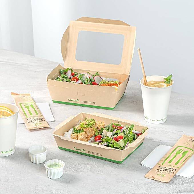 Restaurantware-Sustain 34 Ounce Sturdy Paper Take Out Boxes, 200 Disposable Take Out Food Containers - With PLA lining, Lids Sold Separately, Bamboo Paper Containers, Compostable, Click-Lock Design