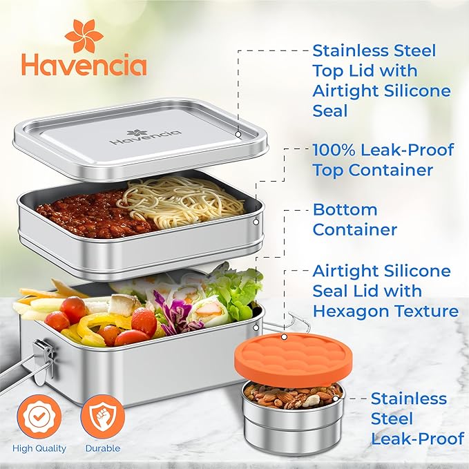 Stackable Stainless Steel Lunch Box With Snack Box 1400ml - Bento Box for Kids & Adults, Lunchable Food Container, Eco-Friendly Metal for School, Work & Travel