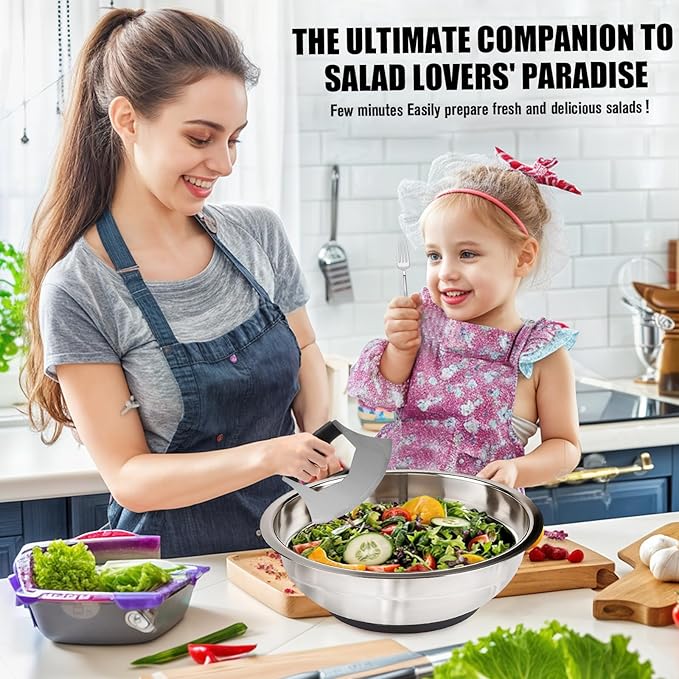 Salad Chopper Bowl - Stainless Steel Salad Chopping Bowl, Salad Chopper Bowl and Cutter with Lid, Chef Grade Salad Chopper Blade and Bowl, Mezzaluna Mincing Knife, Super-fast Salad Prep