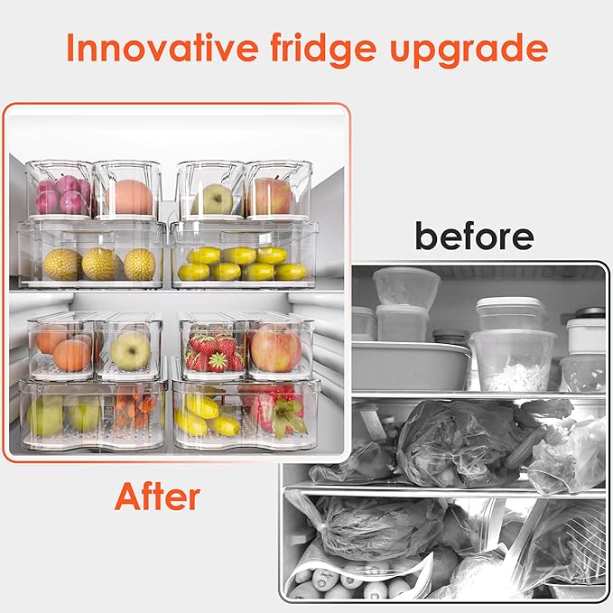 Fridge Organizers and Storage, 10 Pack Clear Freezer Organizer Bins with Lids for Kitchen, Pantry, Refrigerator, Food, Fruit, Vegetable Storage