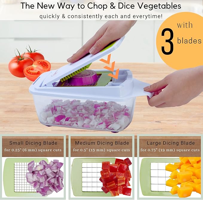Brieftons QuickPush Food Chopper: Strongest & 200% More Container Capacity, 30% Heavier Duty, Fruit & Vegetable Chopper, Onion Chopper Vegetable Cutter, with 3 Dicer Blades & Keep-Fresh Lid, 5 Ebooks