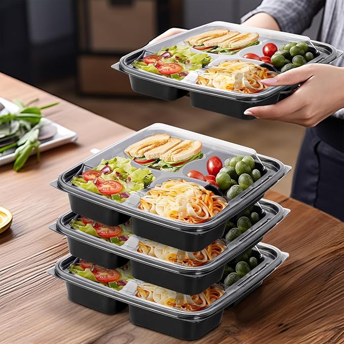 30 Pack (60-Pcs) Meal Prep Containers, 4 Compartment Bento Lunch Box with Lid, Disposable Plastic Food Storage To Go, 34oz Portion Control Take Out Box for Adult, Not Microwave Dishwasher Safe
