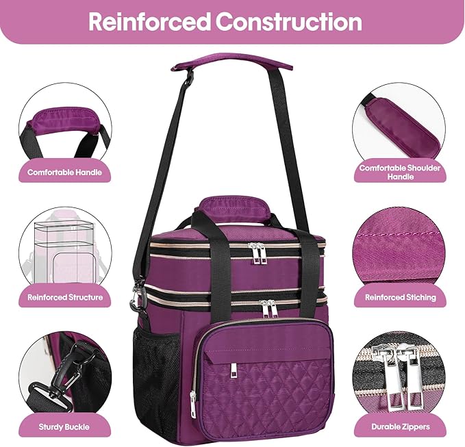 GLENKEY Expandable Insulated Lunch Box, Double Deck Lightweight Large Lunch Bag Tote Leakproof Cooler Bags for Women Adults Work Outdoor Picnic Daytrip, Purple,16L