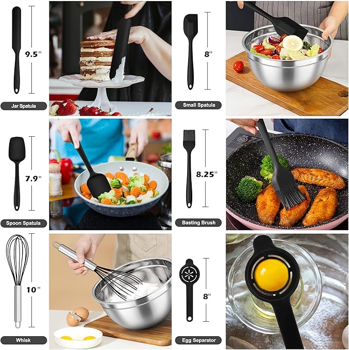TeamFar Mixing Bowls with Lids Set of 7, Stainless Steel Nesting Salad Mixing Bowls with 16 PCS Cooking Utensils Set, 7, 4.5, 3, 2.5, 1.5, 1.2, 0.7 QT, Fit for Mixing/Prepping, Black