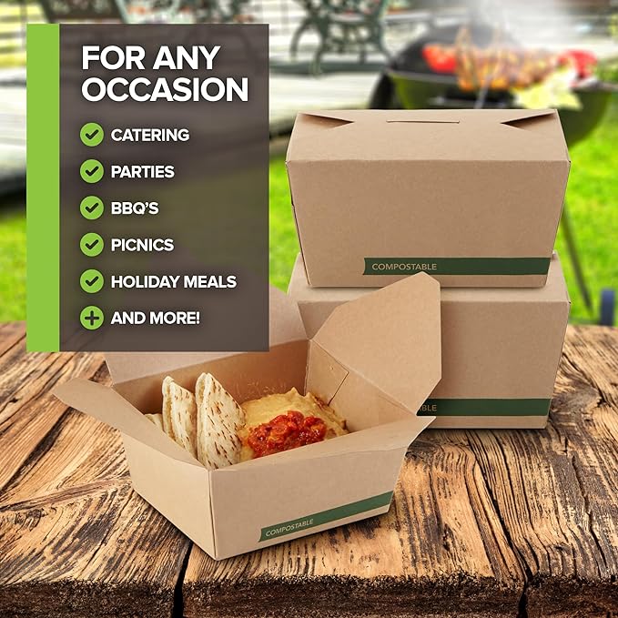 (Set of 50) 30oz Compostable Food Take Out Containers Disposable, Small Microwaveable Paper To Go Boxes, Grease Resistant Natural Kraft Cardboard Lunch Box, Takeout, Biodegradable, Eco-Friendly