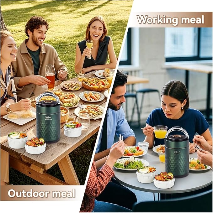 67 ozAdults Stainless Steel Vacuum Insulated Wide Mouth Soup Food Thermos Hot Food Jar with Keep Thermal Portable 3 Tier Stackable Bento Hot Food Containers Lunch Boxes (Green)