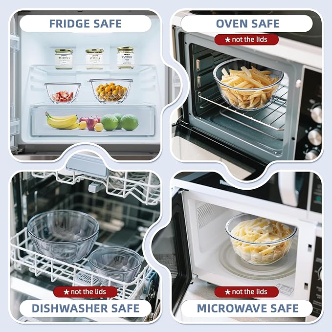 Glass Mixing Bowls with Lids Set of 5(4.70QT,2.85QT, 1.69QT,1.11QT,0.85QT,Glass Bowls with Lids,Large Salad Bowls Space-Saving Nesting for Cooking,Baking,Prepping,Dishwasher Safe