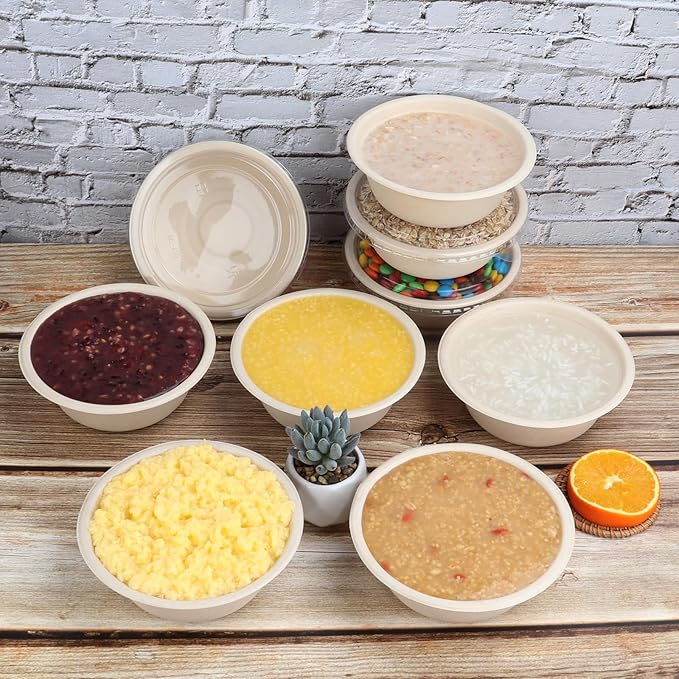 16 oz Round Disposable salad bowls with lids, Sugarcane Fiber Paper Bowls take away food containers Plant Fibers Freezer Safe 50 Pack