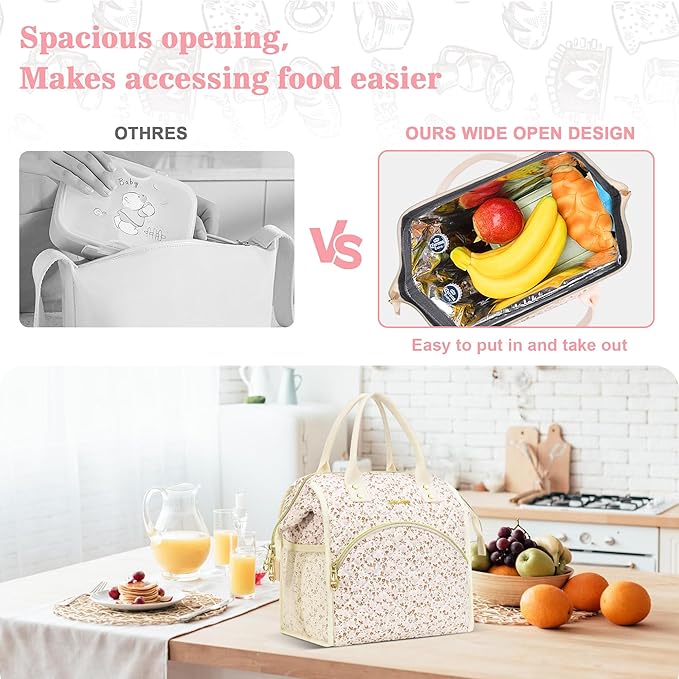LOKASS Insulated Lunch Bag Women- Reusable 10 L Lunch Box for Women - Leakproof Tote Cooler Bag for Adults Work, Beach, Travel, Picnic (White Small Florals)