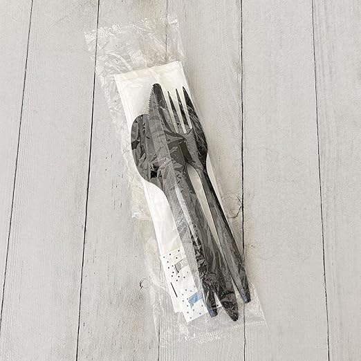 Boardwalk Disposable Plastic Cutlery Set, Six Piece Silverware Kit, Case of 250 Fork Knife Spoon Napkin Salt & Pepper, Polystyrene, Black, Individually Wrapped