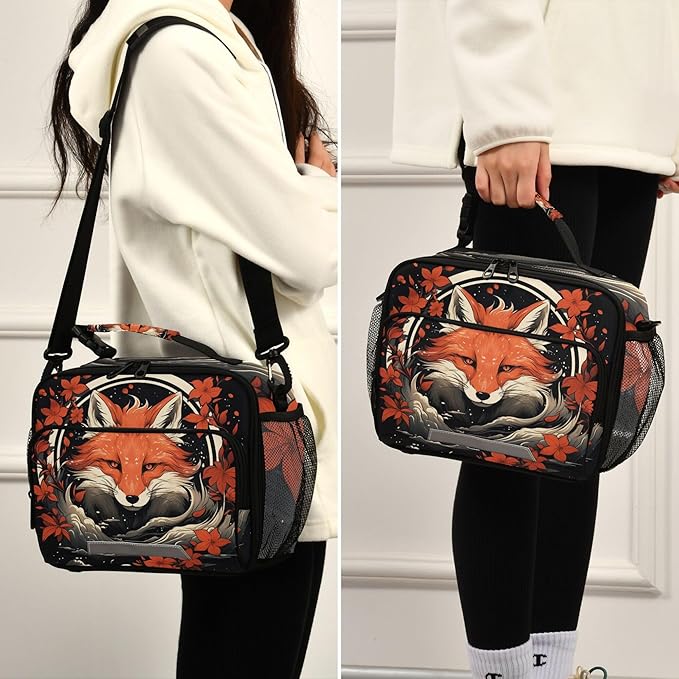 MNSRUU Student Lunch Bag Fox and Flowers Insulated DinnerTotes Picnic Bag Lunch Box with Adjustable Shoulder Strap for Teen Kids Adults