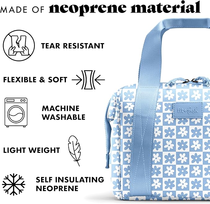 Fit & Fresh Neoprene Like Lunch Bag For Women, Insulated Womens Lunch Bag For Work, Tear & Stain Resistant Large Lunch Box With Containers and Ice, Machine Washable Remi Lunch Bag, Blue Daisy