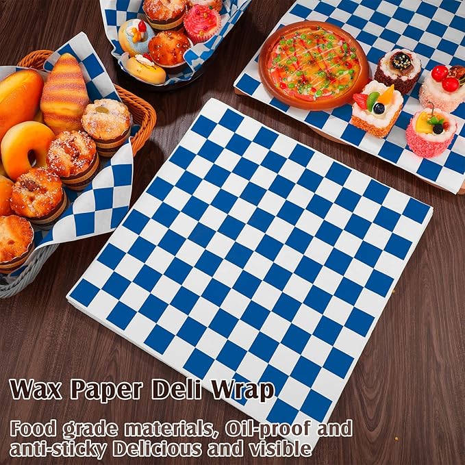 Honeydak 600 Pcs Sandwich Wrapping Paper Sheet 15x15 Checkered Food Wax Sheets Parchment Paper Basket Liner Grease Restaurant Wedding Party Supplies for Wrapping Bread Burgers(Blue)