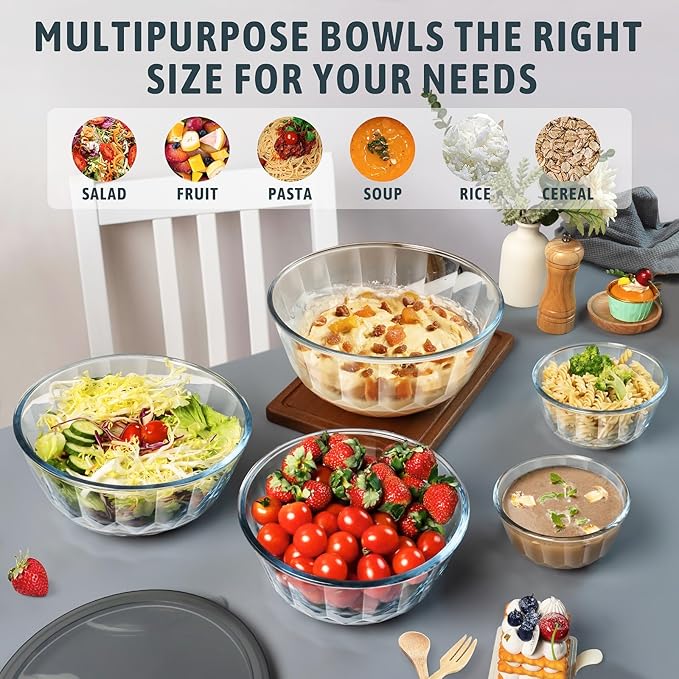 Mixing Bowls with Airtight Lids Sets, 5 Packs Thick Glass Nesting Bowls for Kitchen Baking, Meal Prepping, Bpa Free, Dishwasher Safe, 0.5/0.8/1.6/2.7/4.4 Qt