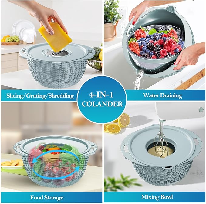 4 in 1 Colander with Mixing Bowl Set, Colander for Kitchen, Strainers and Colanders, Pasta Strainer, Rice Washer, Fruit Cleaner, Veggie Wash, Aesthetic Kitchen Essentials - Blue