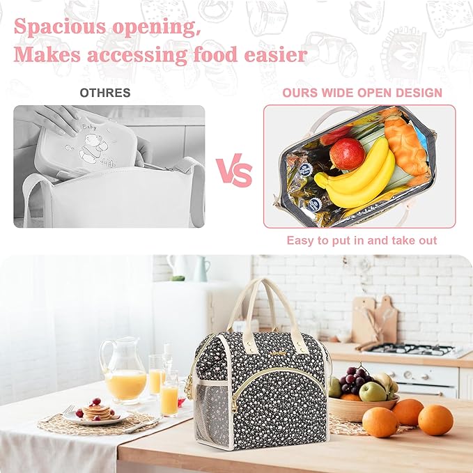 LOKASS Insulated Lunch Bag Women- Reusable 10 L Lunch Box for Women - Leakproof Tote Cooler Bag for Adults Work, Beach, Travel, Picnic (Black Small Florals)