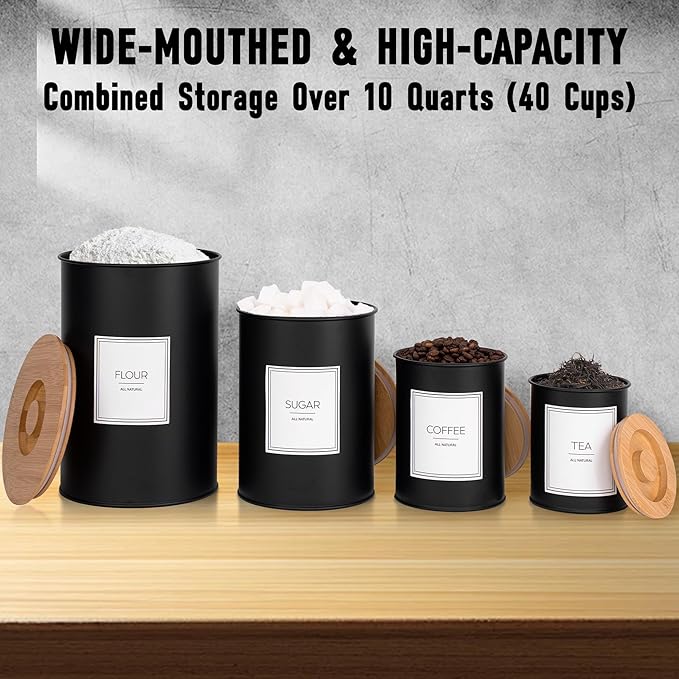 Canisters Sets for Kitchen Countertop, Black Metal Kitchen Canisters Set of 4, Flour and Sugar Storage Containers with Airtight Bamboo Lid and Stickers, Coffee and Tea Storage, Farmhouse Decor