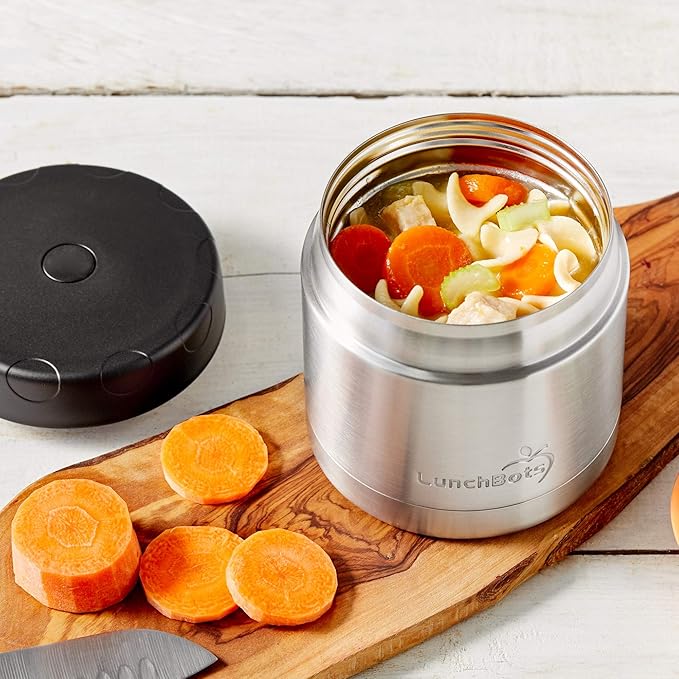 LunchBots 16oz Thermos Stainless Steel Wide Mouth - Insulated Thermos With Vented Lid - Keeps Food Hot or Cold for Hours - Leak-Proof Portable Thermal Food Jar is Ideal for Soup - 16 ounce - Black