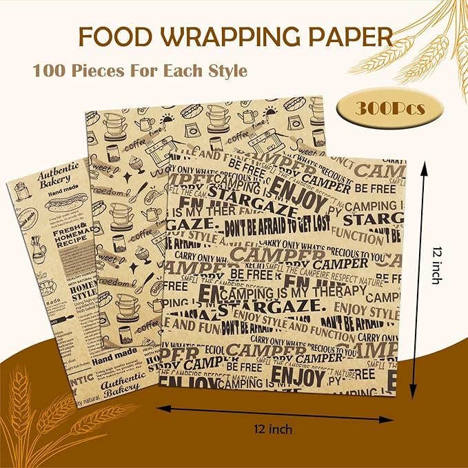 OTOPETE 300Pcs Food Paper Sheets, 12"x12" Greaseproof Paper Sheets, Three Patterns Kraft Paper, Food Basket Liner, Tray Liner, Wrapping Bread Hamburger Sandwiches, for Family, Bakery, Picnic, Party