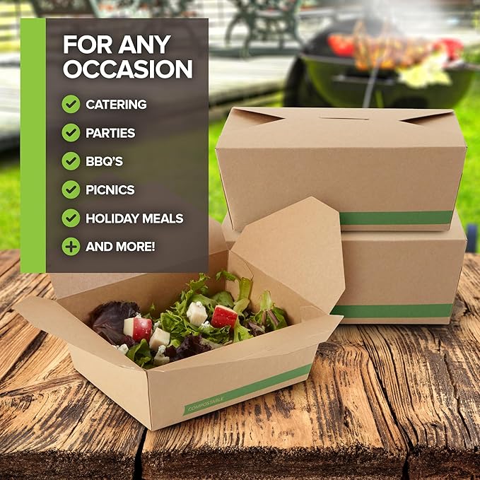 (Set of 50) 45oz Food Compostable Take Out Containers Disposable, Medium Microwaveable Paper To Go Boxes, Grease Resistant Natural Kraft Cardboard Lunch Box, Takeout, Biodegradable, Eco-Friendly